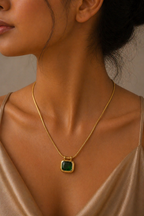 Gold Tone Elegant Emerald Stone Stainless Steel Necklace for Women- Matte Finish