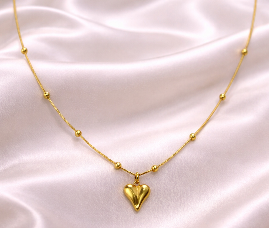 Gold Tone Heart Charm Pendant Necklace With Gold Beads for Women- Sleek Finish