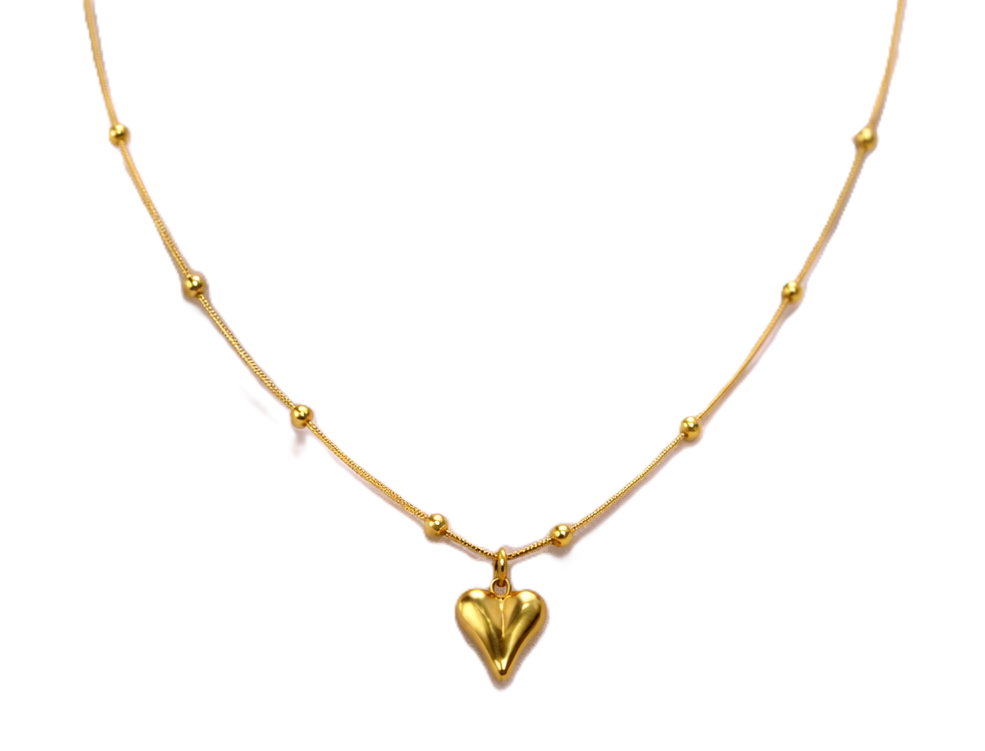 Gold Tone Heart Charm Pendant Necklace With Gold Beads for Women- Sleek Finish