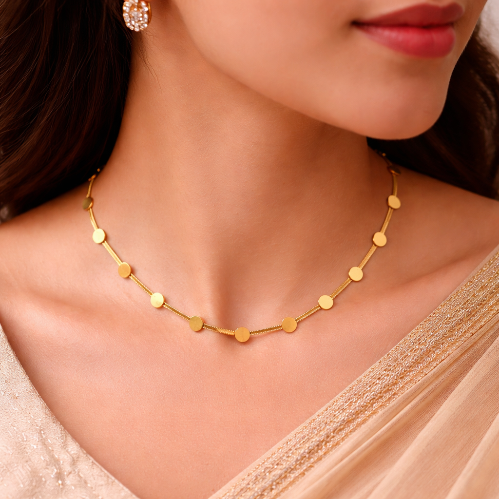Gold Tone Snake Scaled Necklace with Golden Discs For Women - Glossy Finish