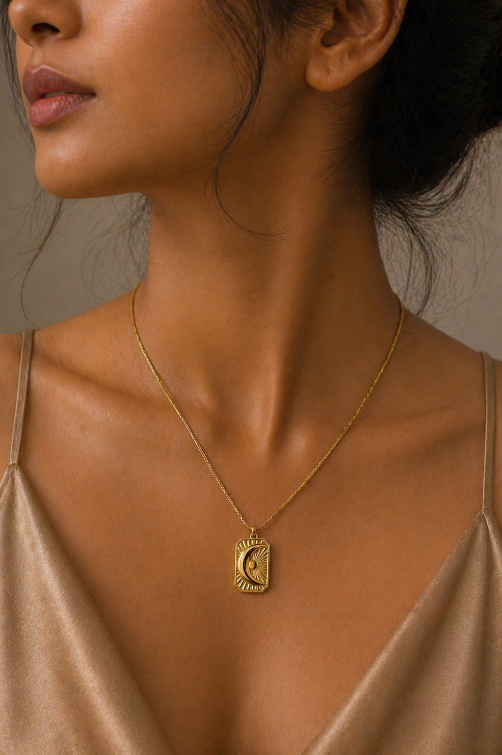 Gold Tone Half Moon Crescent Pendant Minimal Necklace For Women - Matte Finish