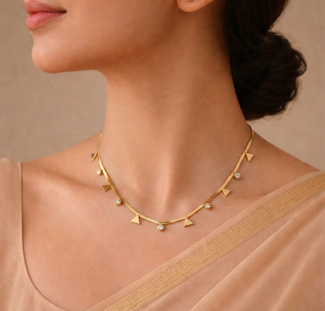 Gold Tone Premium Crystal Charms Snake Chain Necklace with Traingular Accents for Women - Glossy Finish