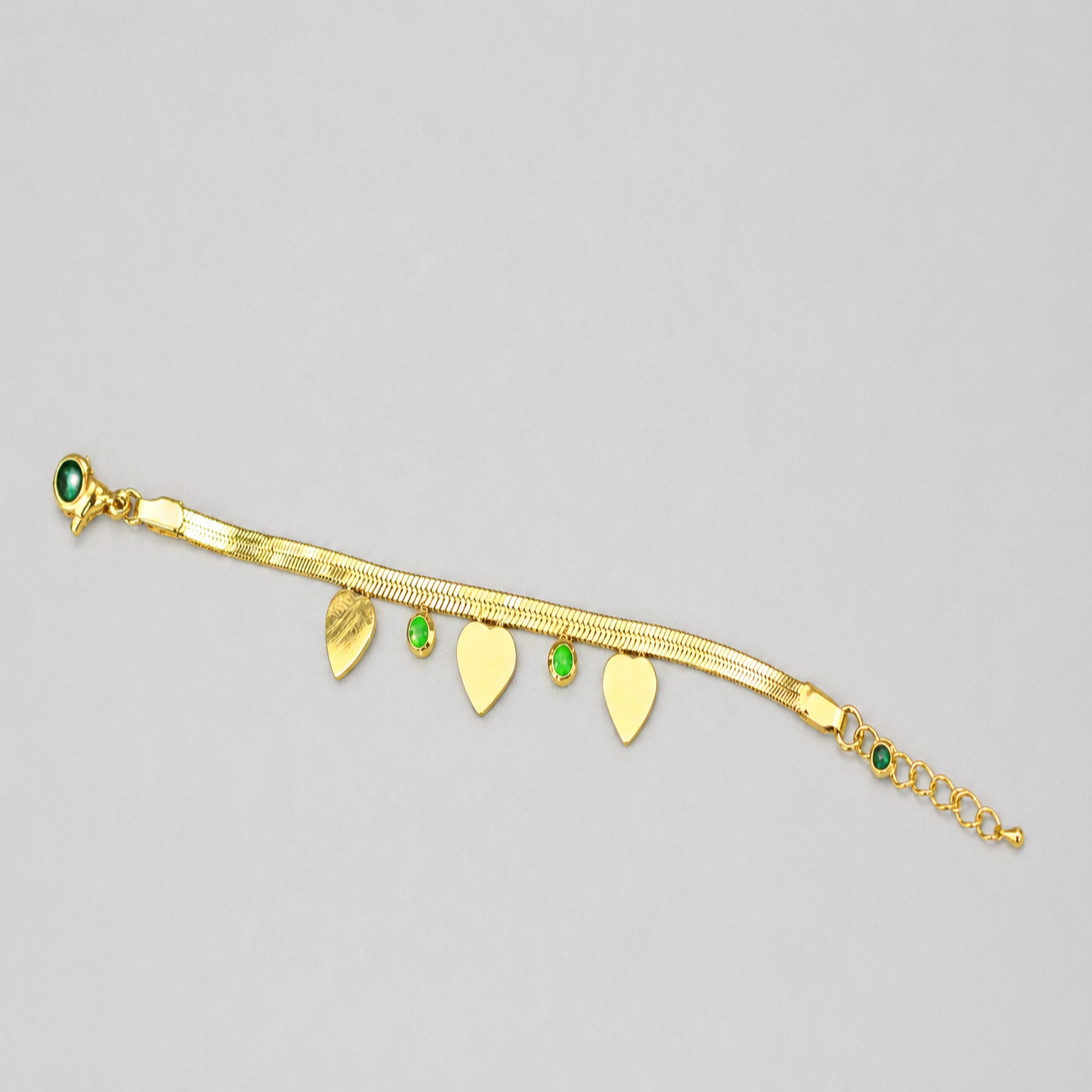 Gold Tone Classic Snake Scaled Bracelet with Heart charms and Sage Beads for Women- Matte Finish