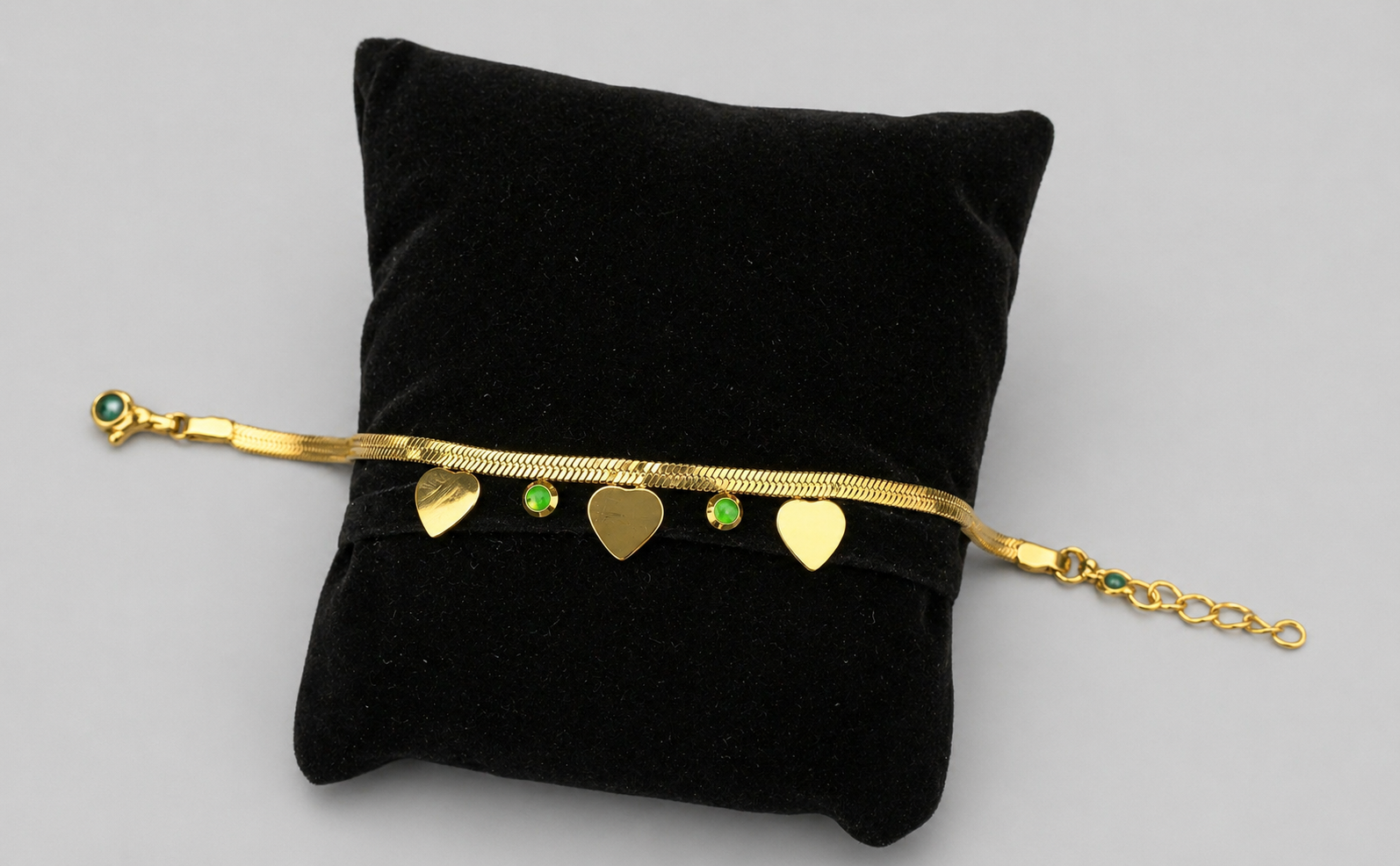 Gold Tone Classic Snake Scaled Bracelet with Heart charms and Sage Beads for Women- Matte Finish