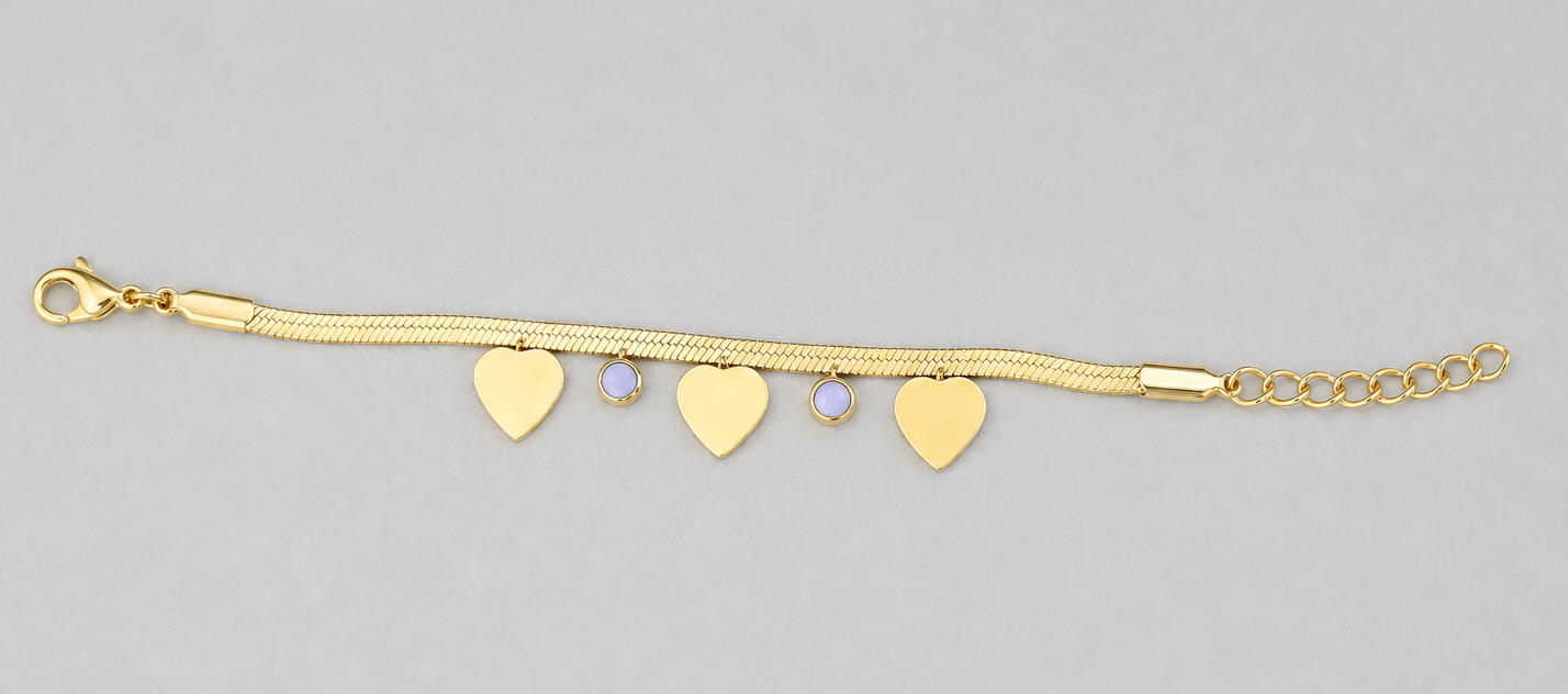 Gold Tone Classic Snake Scaled Bracelet with Heart charms and Lavender Beads for Women- Matte Finish