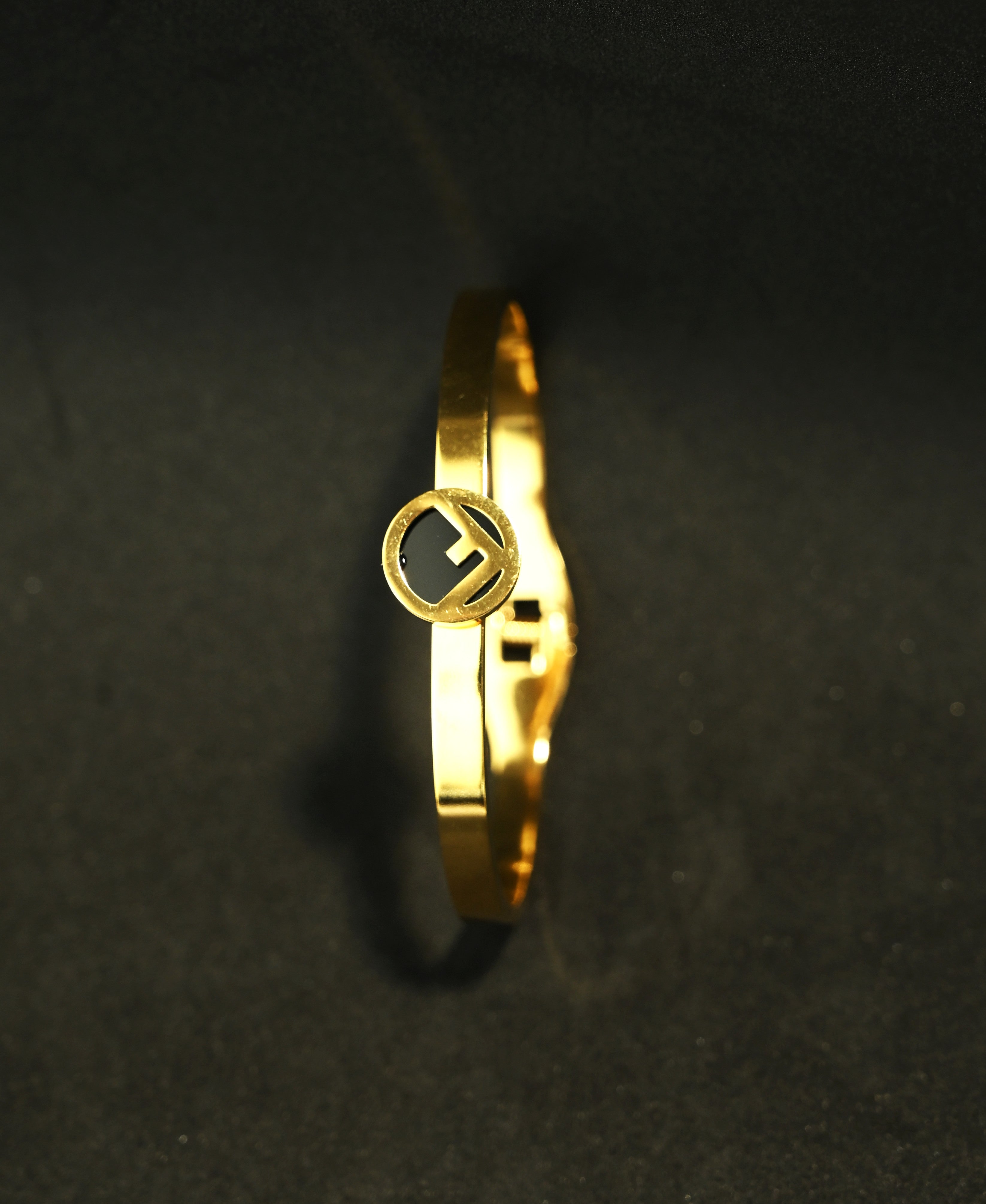 Gold Tone Black Enamel Elegant F Shaped Charm Bangle Bracelet for Women- Glossy Finish