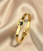 Gold Tone Black Enamel Elegant F Shaped Charm Bangle Bracelet for Women- Glossy Finish