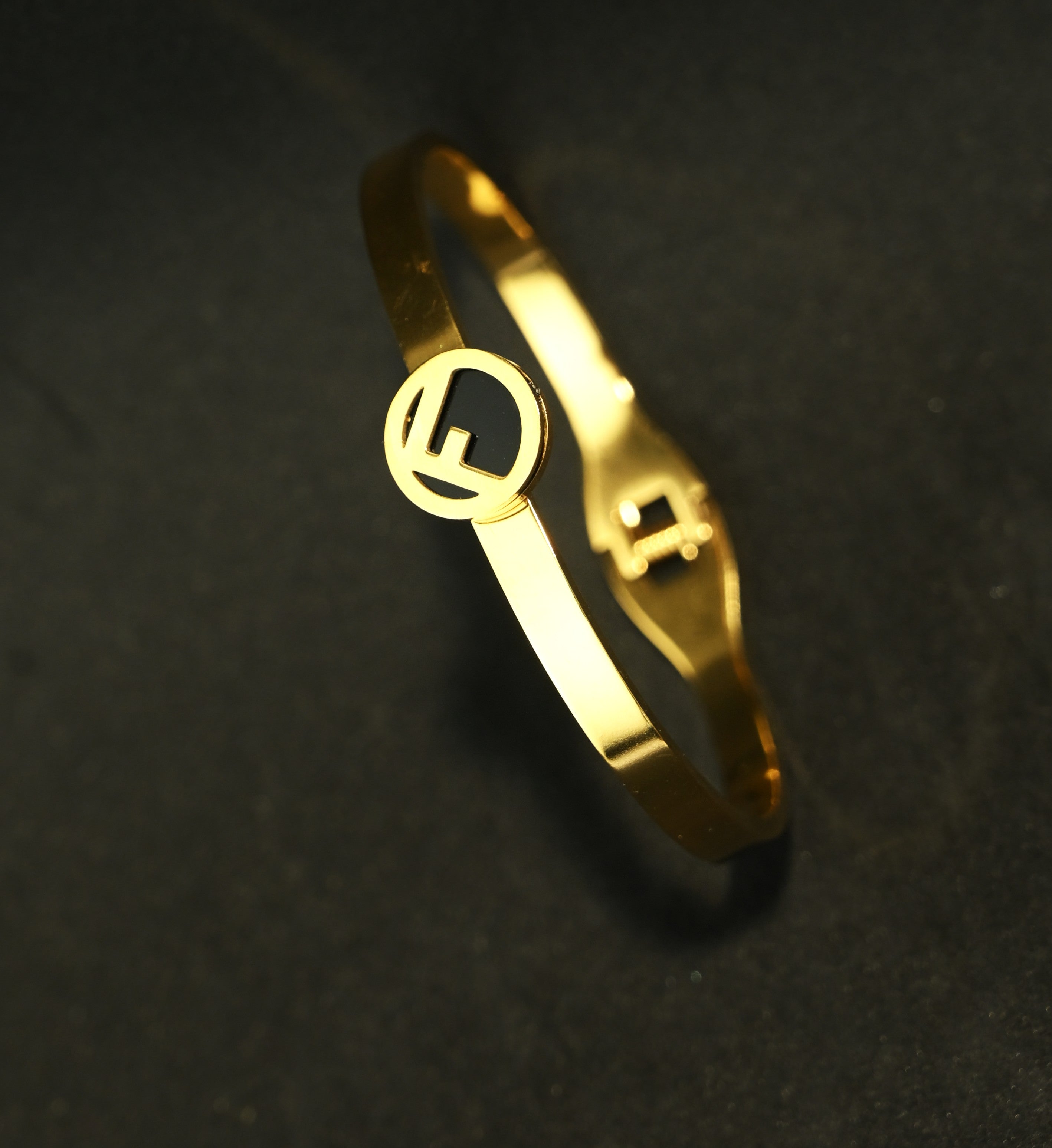 Gold Tone Black Enamel Elegant F Shaped Charm Bangle Bracelet for Women- Glossy Finish