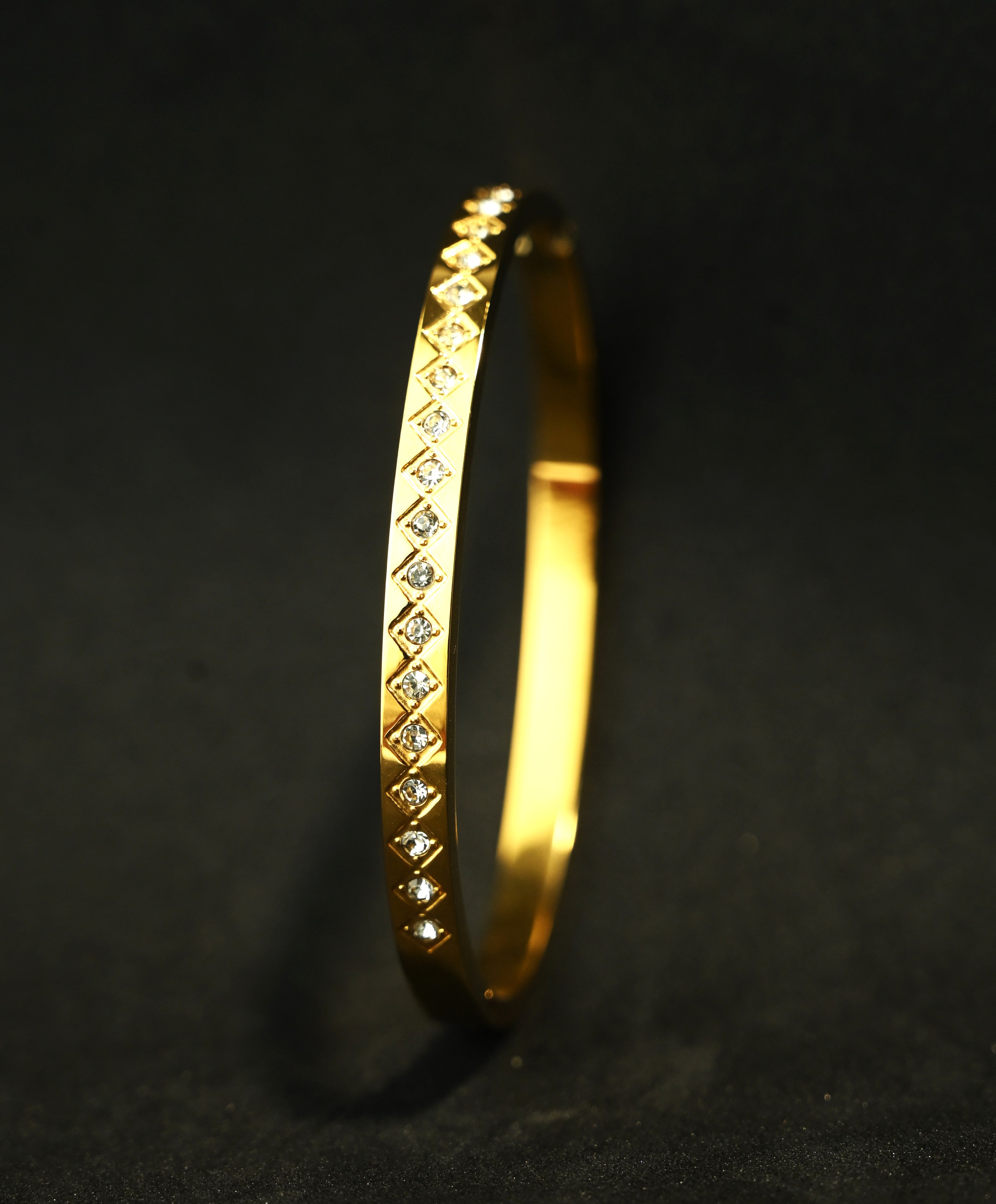 Gold Tone Radiant Zirconia Diamond Studded Bangle Bracelet for Women - Glossy Finish