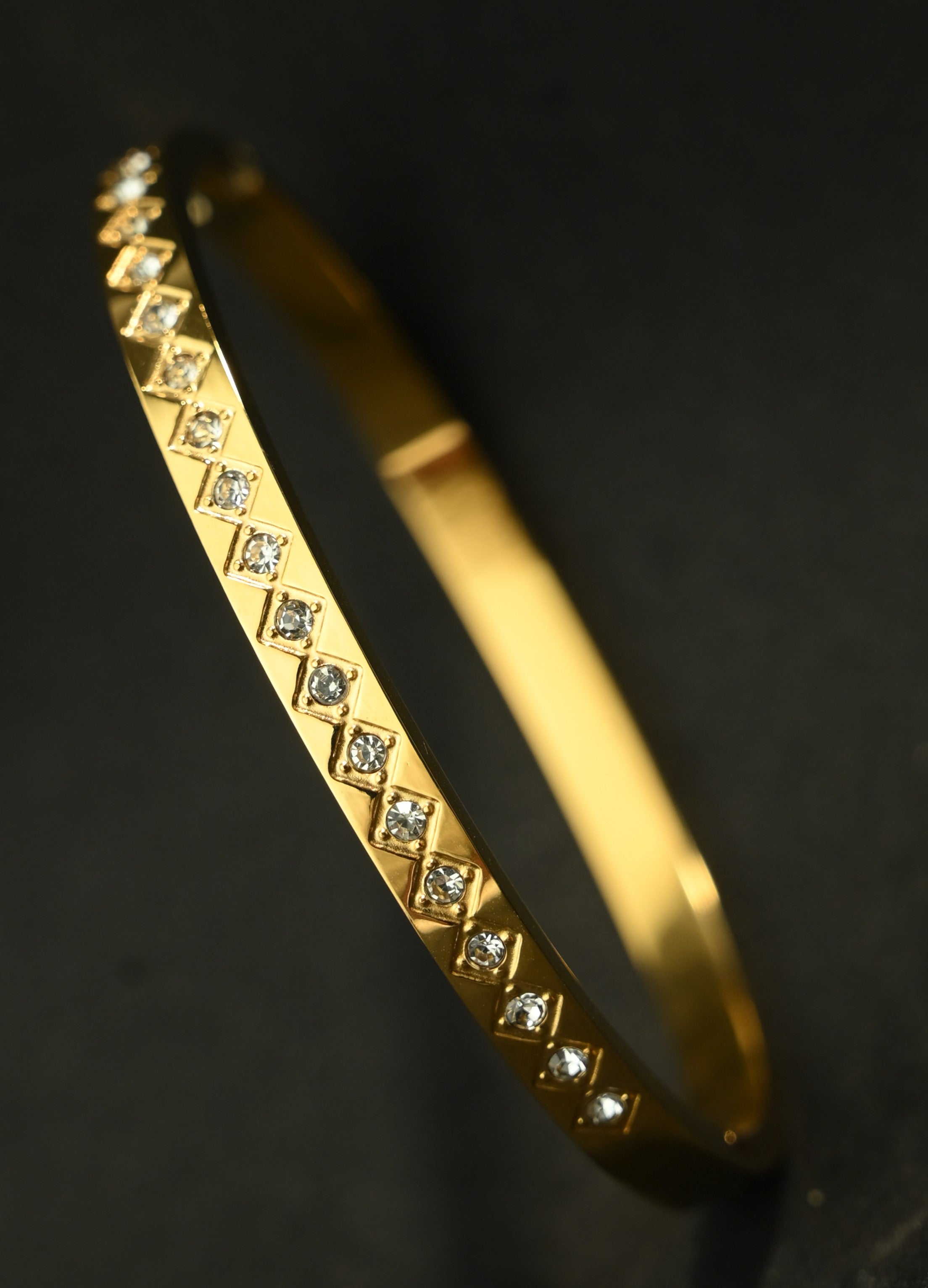 Gold Tone Radiant Zirconia Diamond Studded Bangle Bracelet for Women - Glossy Finish