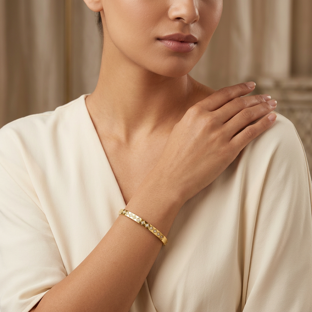 Gold Tone Radiant Zirconia Diamond Studded Bangle Bracelet for Women - Glossy Finish