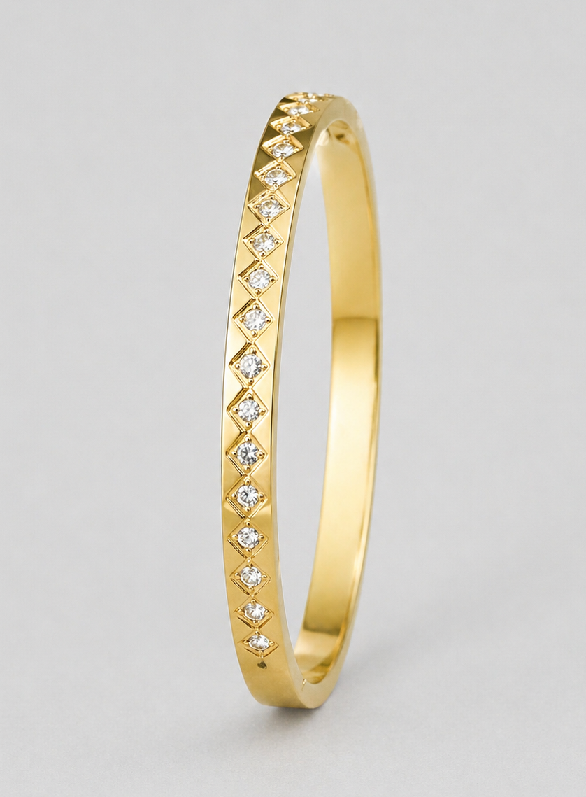 Gold Tone Radiant Zirconia Diamond Studded Bangle Bracelet for Women - Glossy Finish