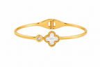 Gold Tone Mother of Pearl Clover Charm with Zirconia Accent Bangle Bracelet for Women - Sleek Finish