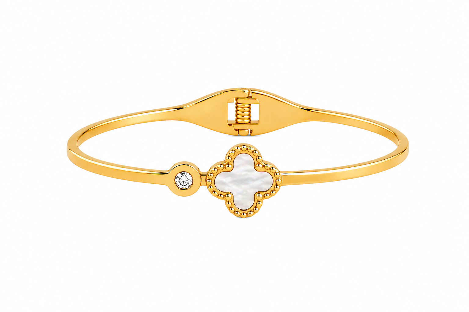 Gold Tone Mother of Pearl Clover Charm with Zirconia Accent Bangle Bracelet for Women - Sleek Finish