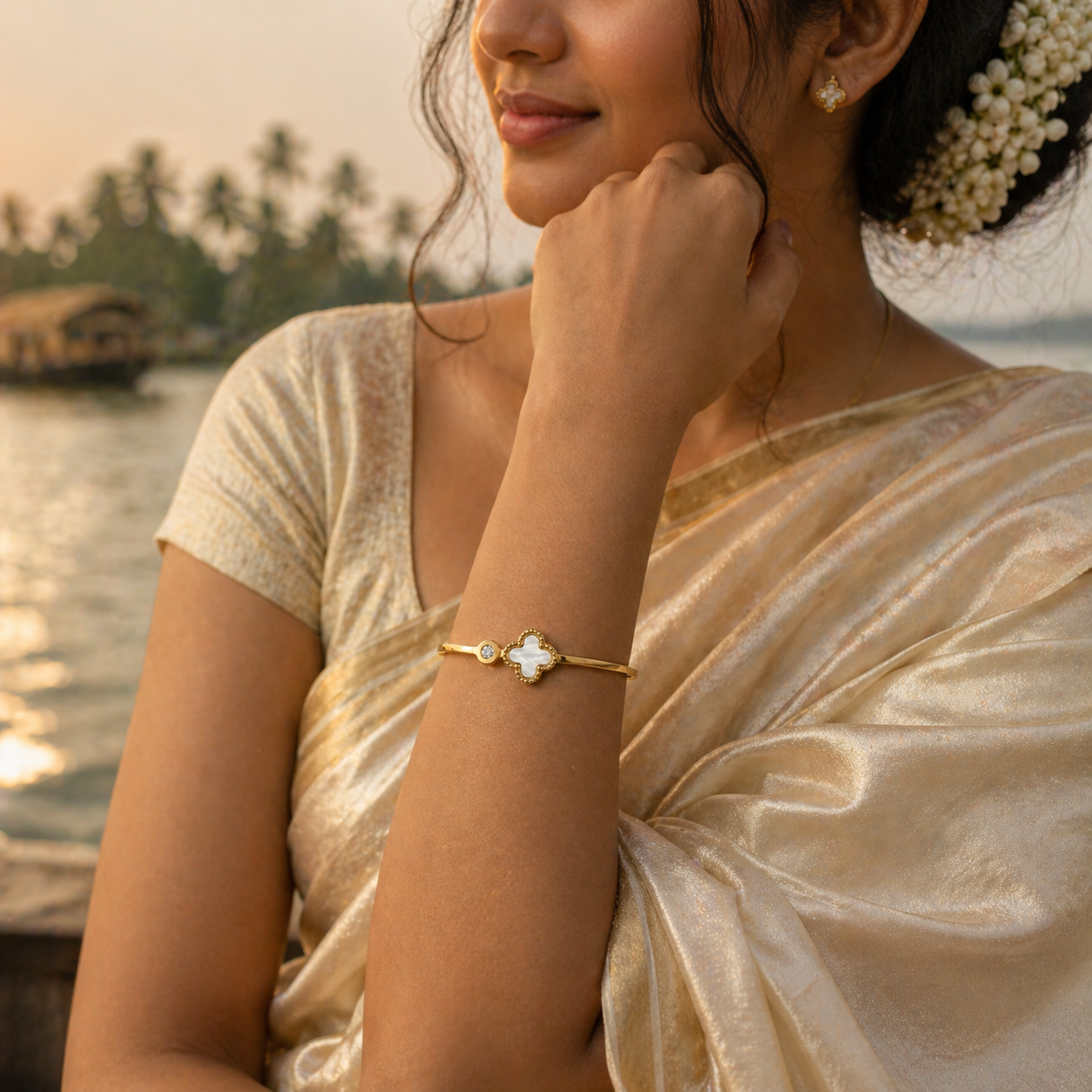 Gold Tone Mother of Pearl Clover Charm with Zirconia Accent Bangle Bracelet for Women - Sleek Finish