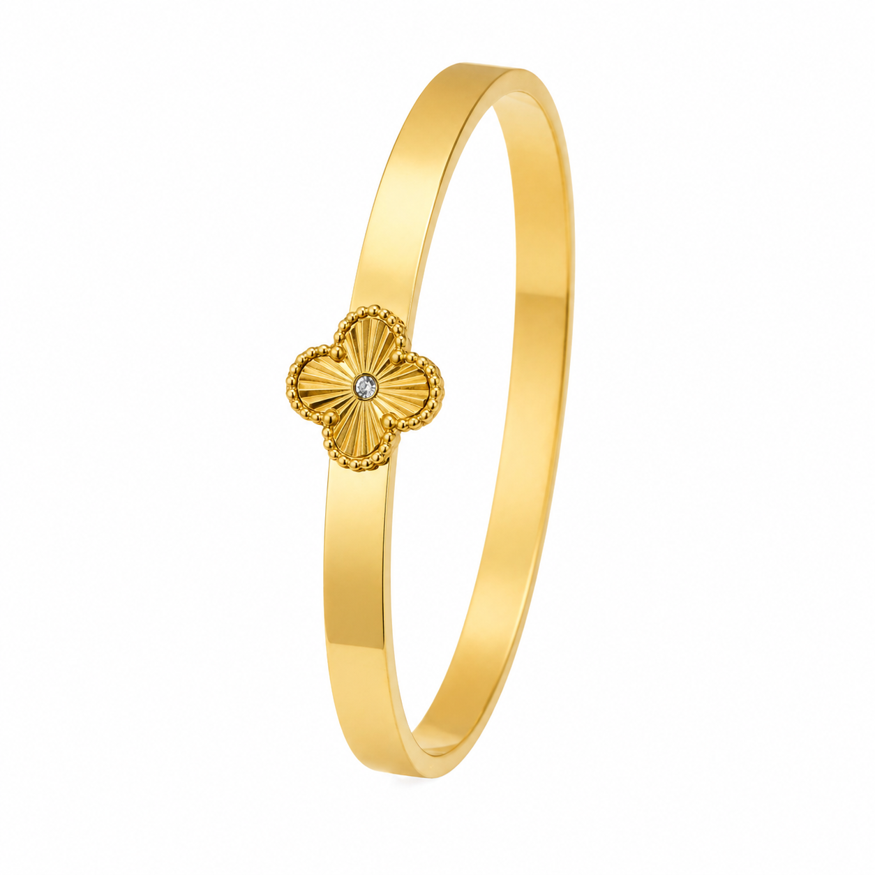 Gold Tone Classic Clover Cuff Stone Bangle Bracelet for Women - Glossy Finish