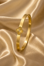 Gold Tone Classic Clover Cuff Stone Bangle Bracelet for Women - Glossy Finish