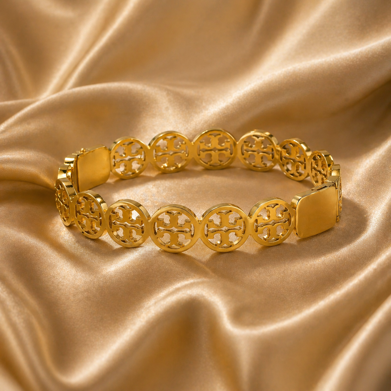 Gold Tone Flawless Round Medallions Cuff Bangle Bracelet for Women - Glossy Finish