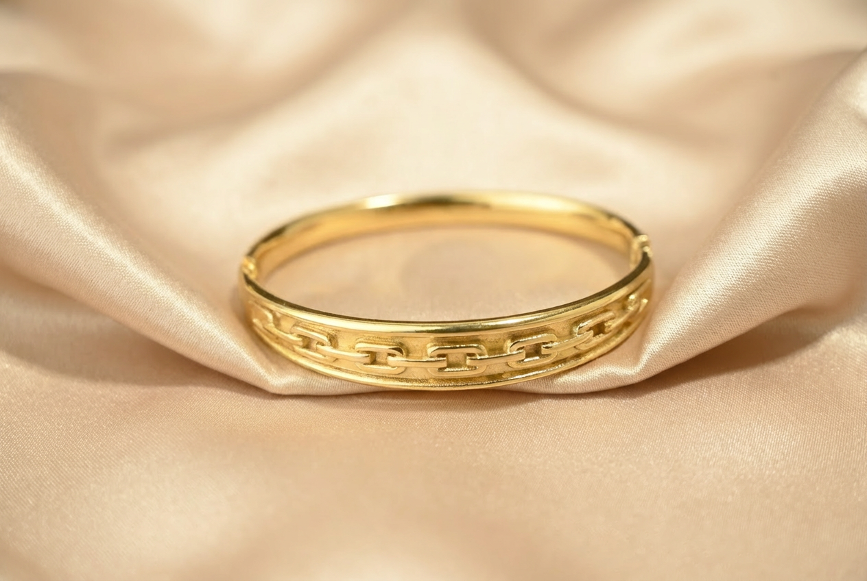 Gold Tone Classic Cuff Bangle Bracelet with Chain Pattern for Women - Matte Finish