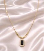 Gold Tone Classic Square Black Stone Pendant Necklace with Studded Zirconia for Women -Matte Finish