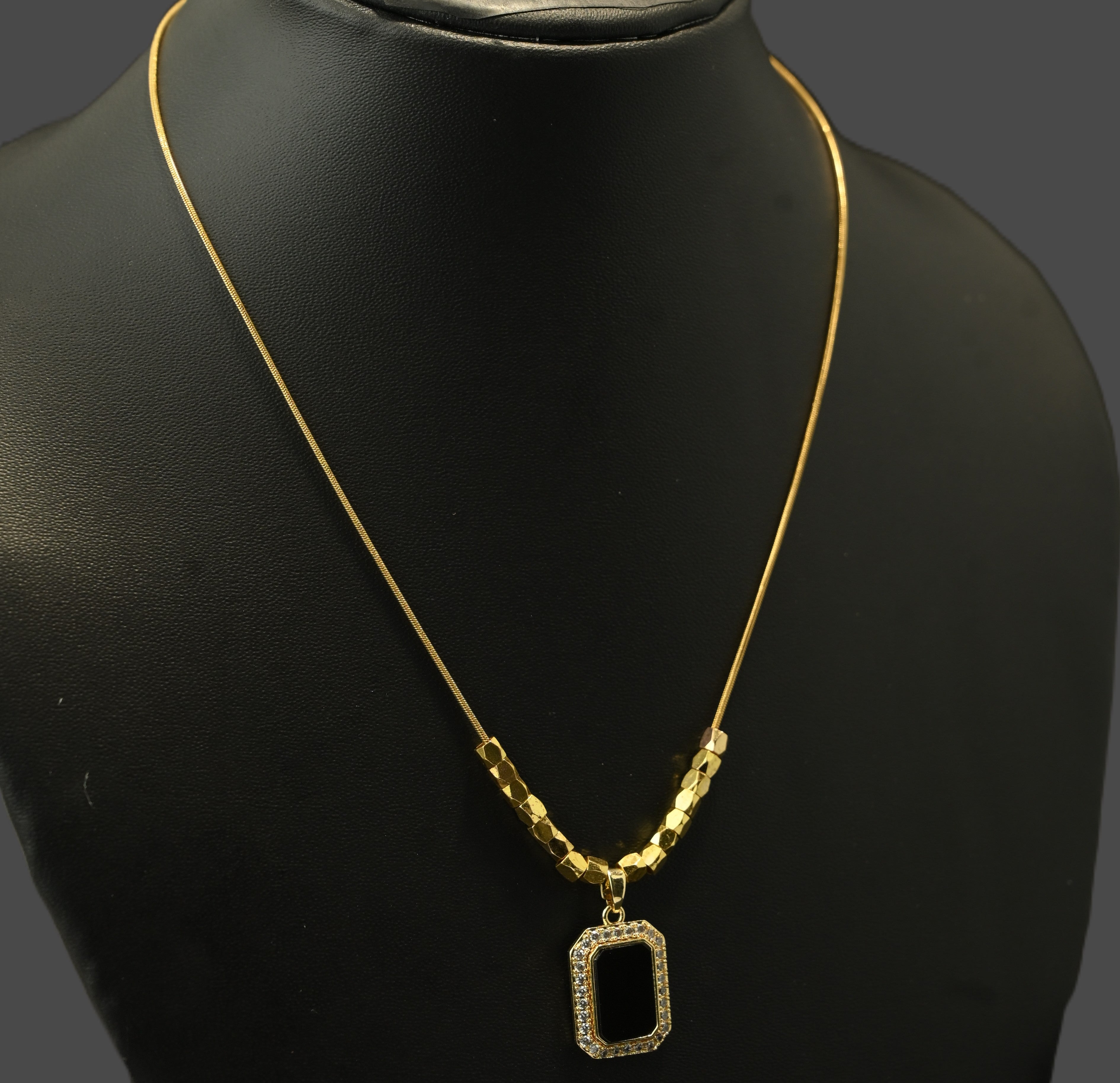 Gold Tone Classic Square Black Stone Pendant Necklace with Studded Zirconia for Women -Matte Finish