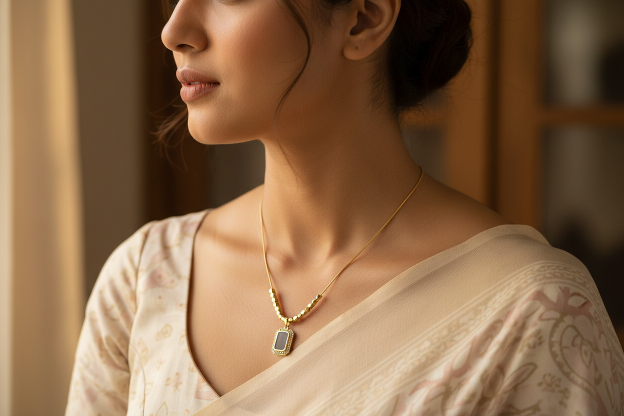 Gold Tone Classic Square Black Stone Pendant Necklace with Studded Zirconia for Women -Matte Finish