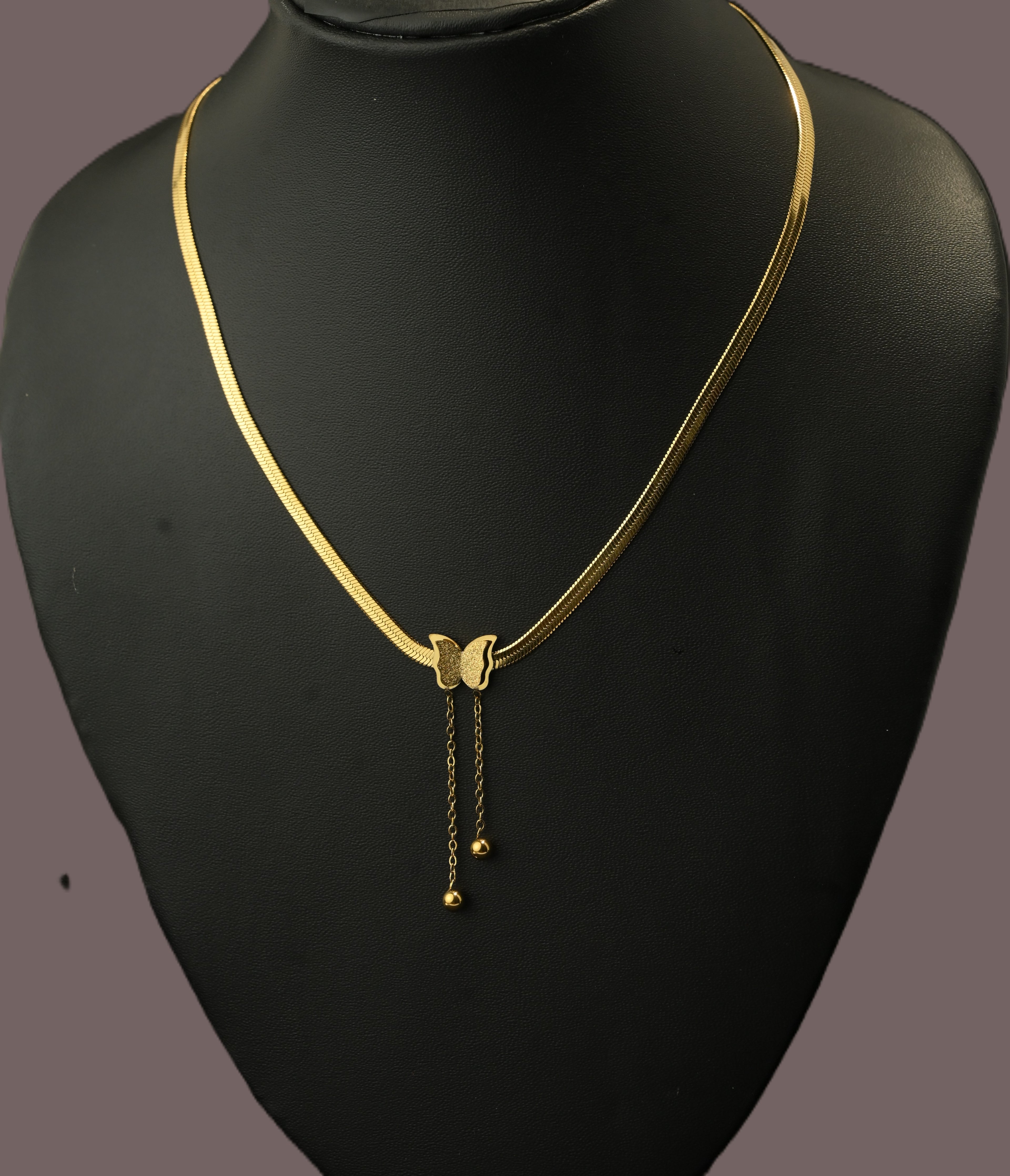 Gold Tone Aesthetic Snake Chain Necklace with Butterfly Charm for Women - Glossy Finish