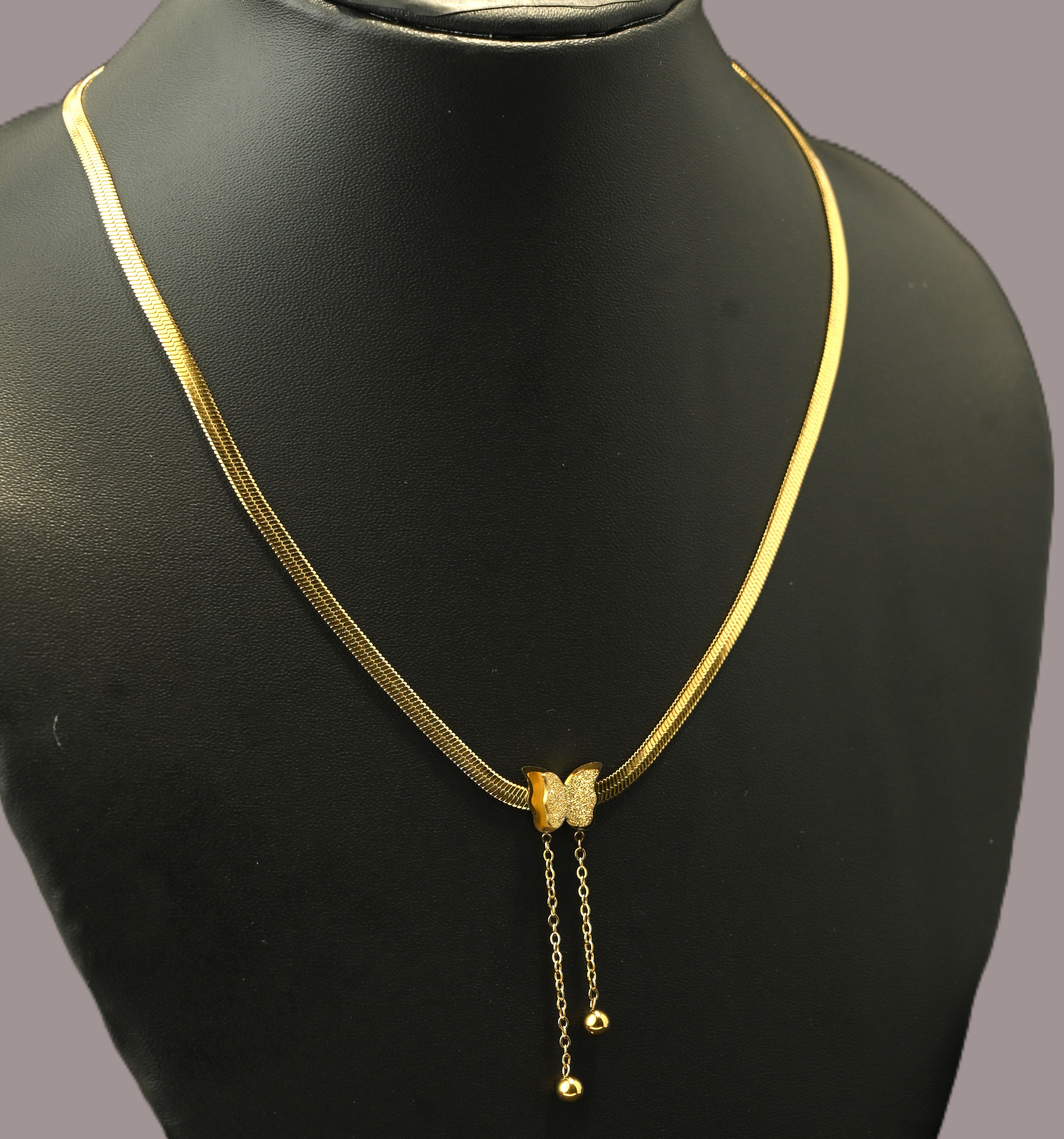 Gold Tone Aesthetic Snake Chain Necklace with Butterfly Charm for Women - Glossy Finish
