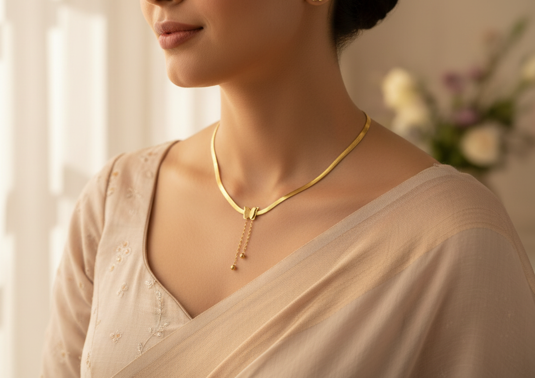 Gold Tone Aesthetic Snake Chain Necklace with Butterfly Charm for Women - Glossy Finish