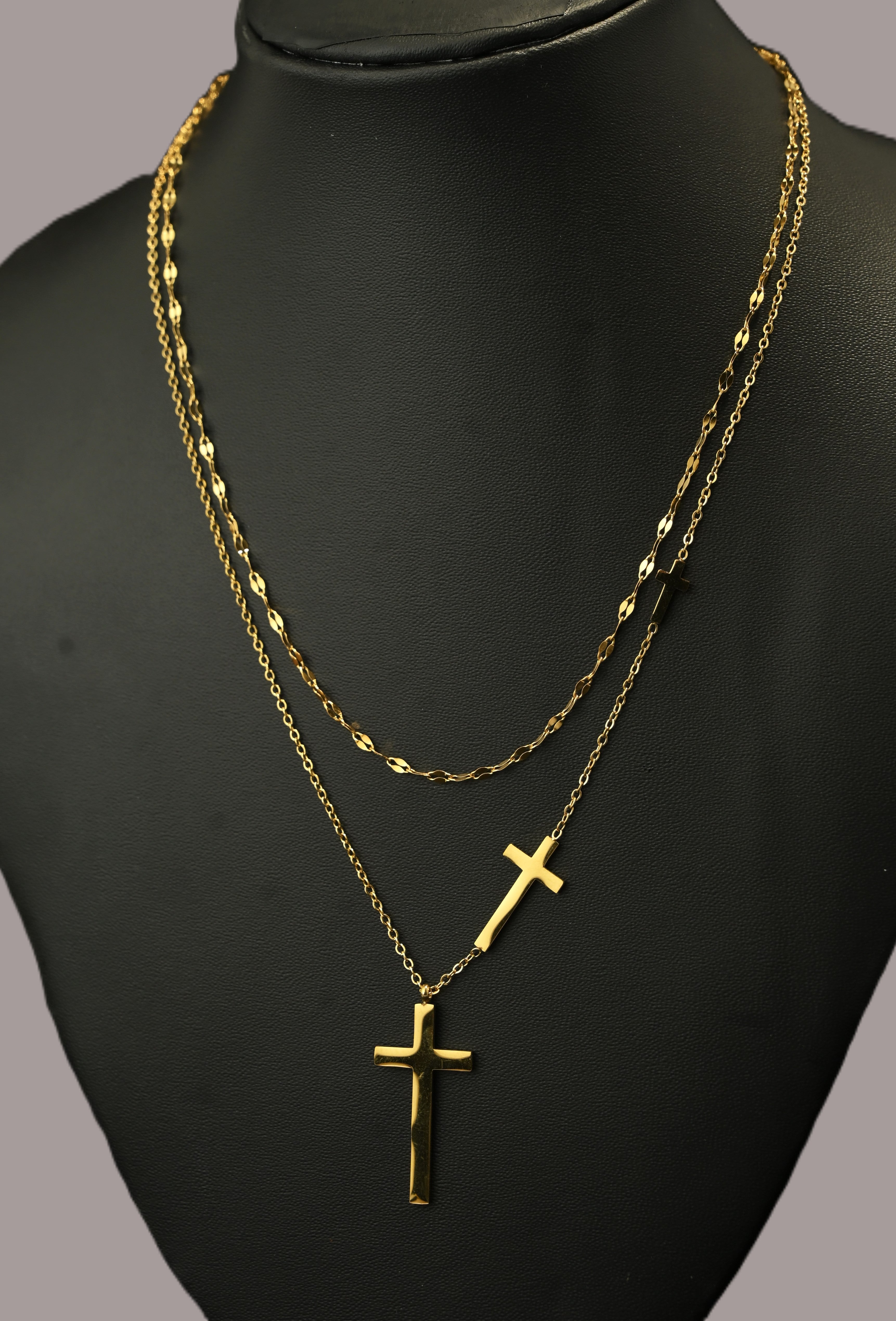 Gold Tone Classic Layered Necklace with Holy Cross Charm for Women - Glossy Finish