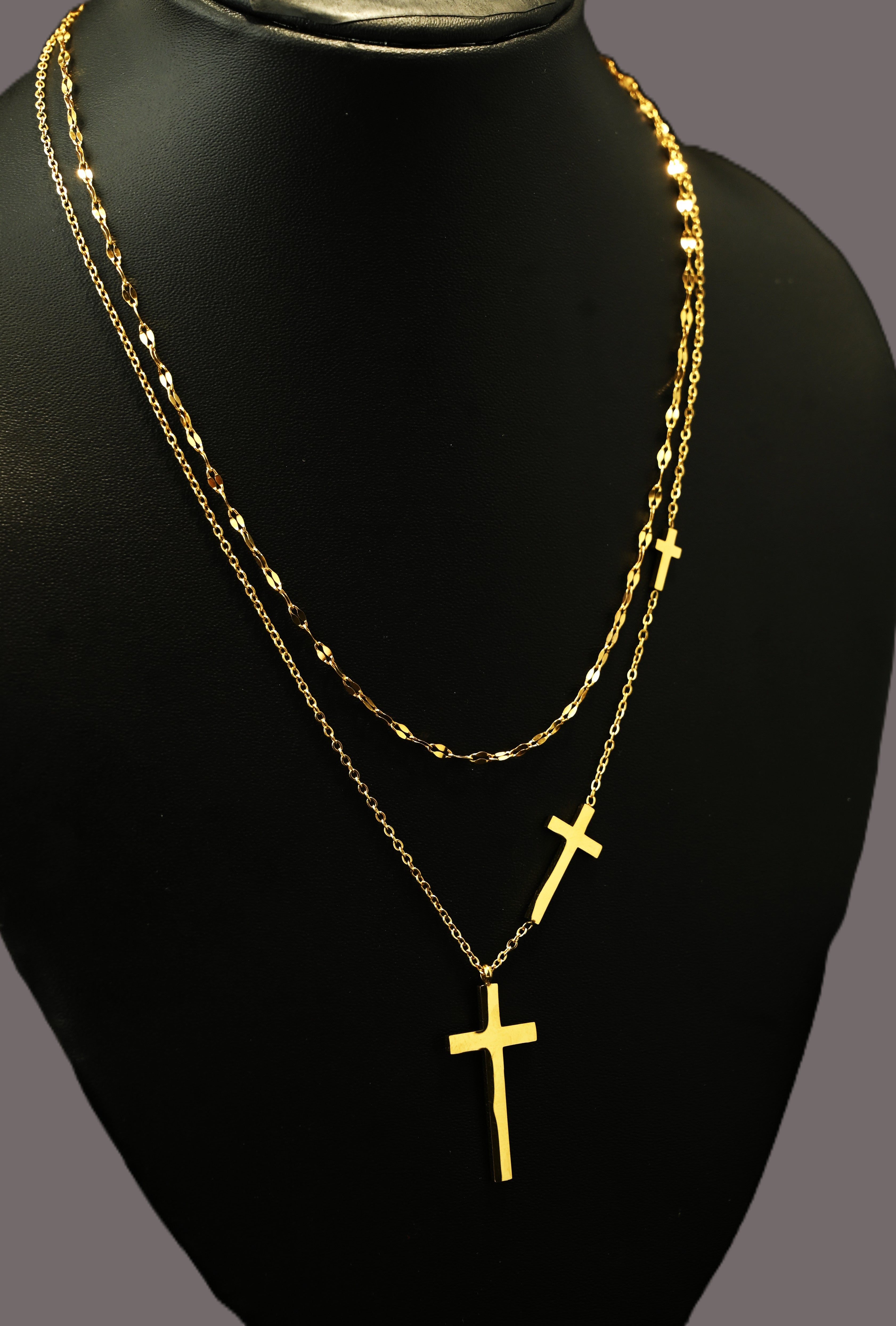 Gold Tone Classic Layered Necklace with Holy Cross Charm for Women - Glossy Finish