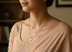 Gold Tone Classic Layered Necklace with Holy Cross Charm for Women - Glossy Finish