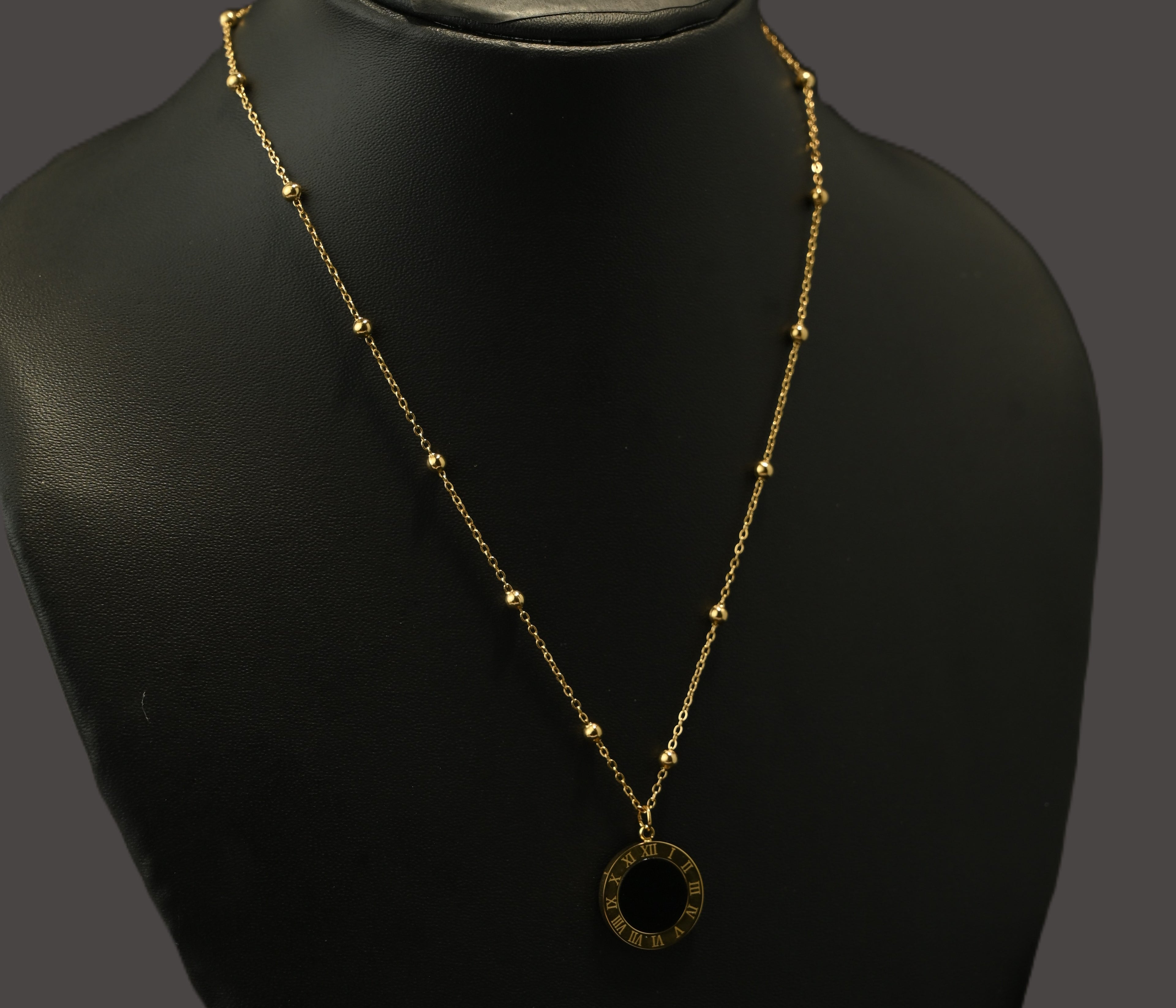 Gold Tone Elegant Beads Chain Necklace with Timeless Numeral Charm for Women - Glossy Finish