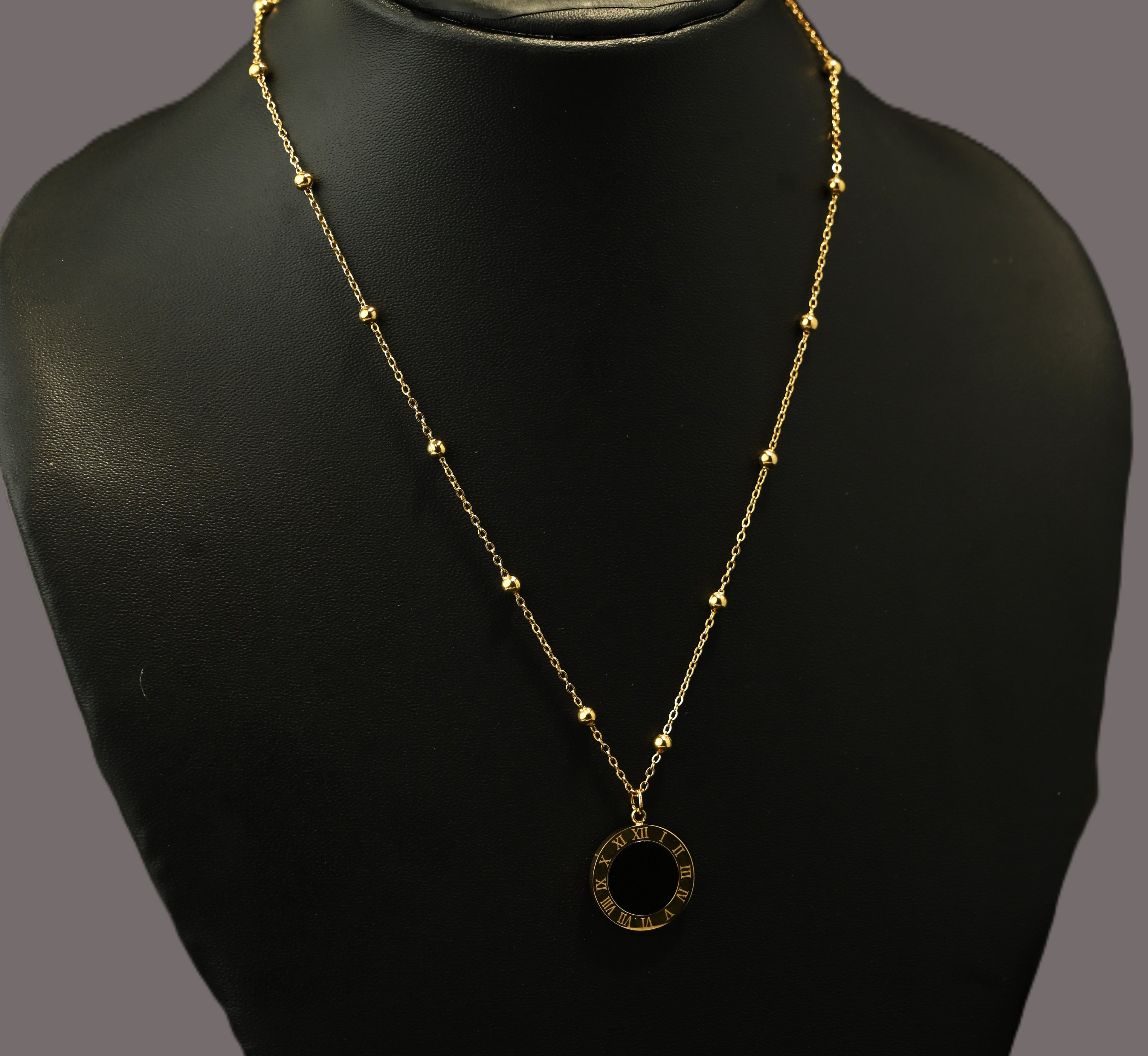 Gold Tone Elegant Beads Chain Necklace with Timeless Numeral Charm for Women - Glossy Finish