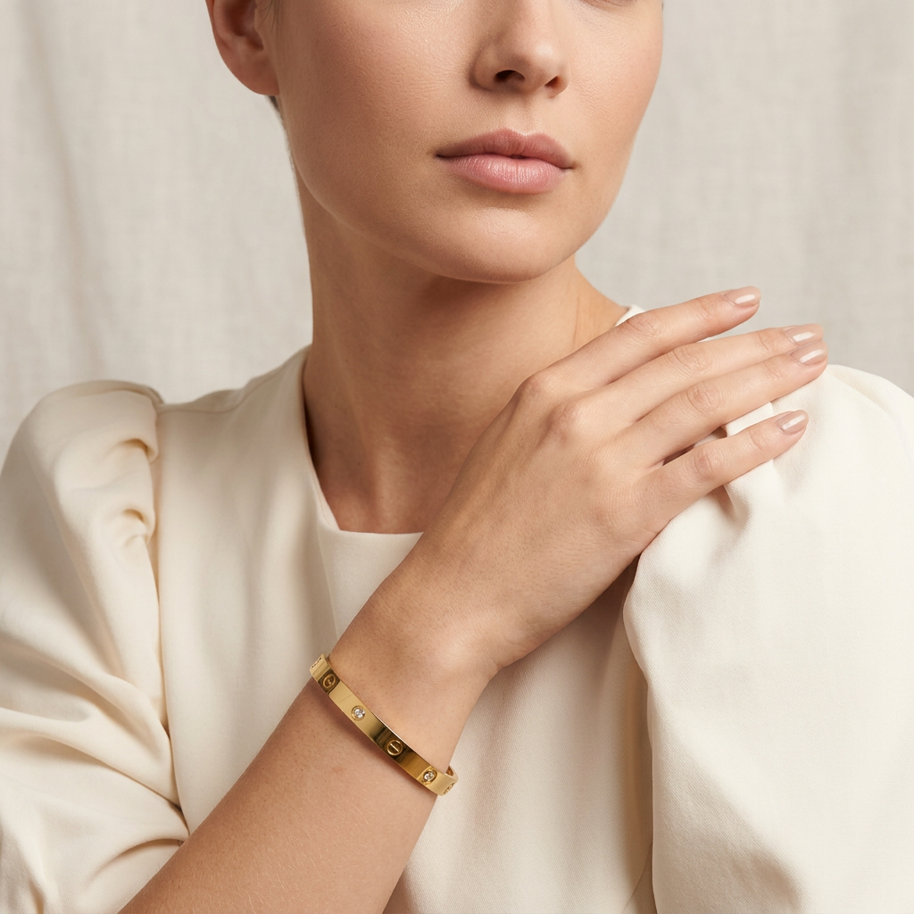 Gold Tone Classic Screw Detail Crystal Bangle Bracelet for Women- Glossy Finish (Baby Size)