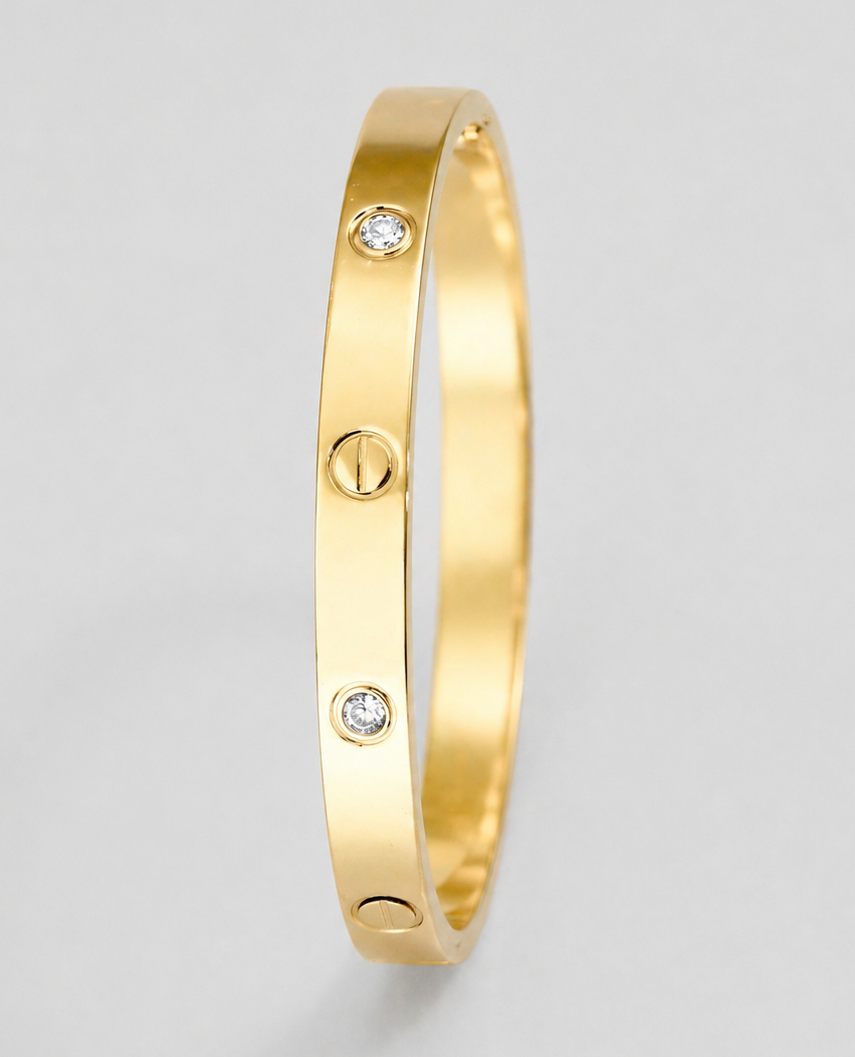 Gold Tone Classic Screw Detail Crystal Bangle Bracelet for Women- Glossy Finish (Baby Size)
