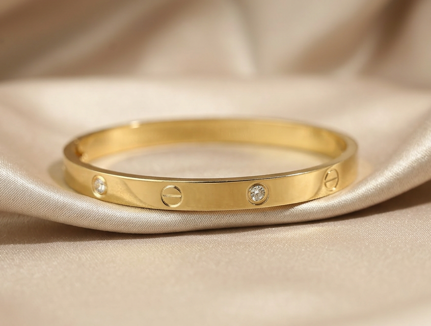 Gold Tone Classic Screw Detail Crystal Bangle Bracelet for Women- Glossy Finish (Baby Size)