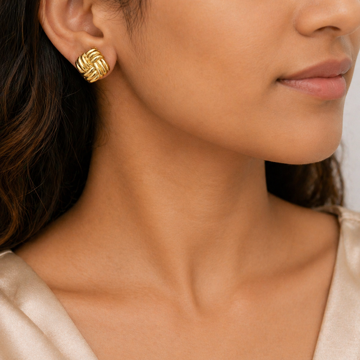 Gold Tone Minimal Knot Stud Earrings for Women - Glossy Finish