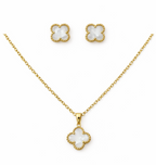 Gold Tone Classic Clover Charm Jewelry Set with Snow-White Motifs for Women - Matte Finish