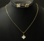 Gold Tone Classic Clover Charm Jewelry Set with Snow-White Motifs for Women - Matte Finish