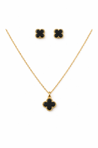 Gold Tone Classic Clover Charm Jewelry Set with Jet Black Motifs for Women - Matte Finish