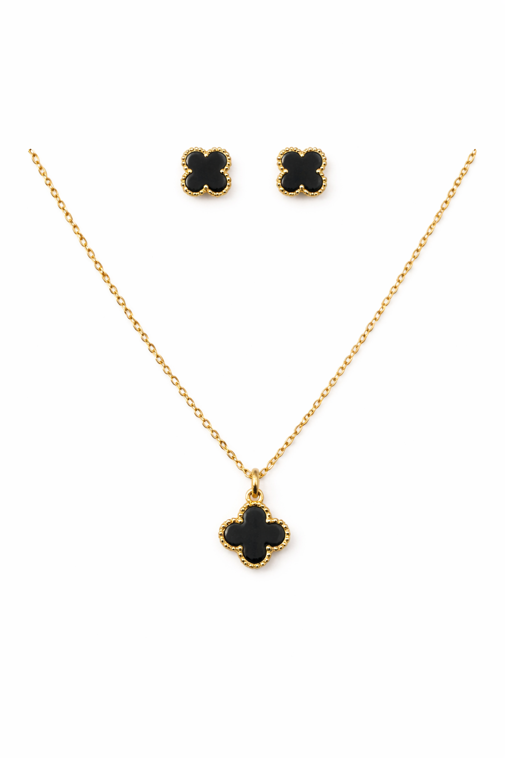 Gold Tone Classic Clover Charm Jewelry Set with Jet Black Motifs for Women - Matte Finish