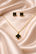 Gold Tone Classic Clover Charm Jewelry Set with Jet Black Motifs for Women - Matte Finish