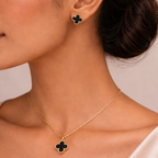 Gold Tone Classic Clover Charm Jewelry Set with Jet Black Motifs for Women - Matte Finish