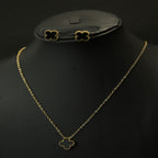 Gold Tone Classic Clover Charm Jewelry Set with Jet Black Motifs for Women - Matte Finish