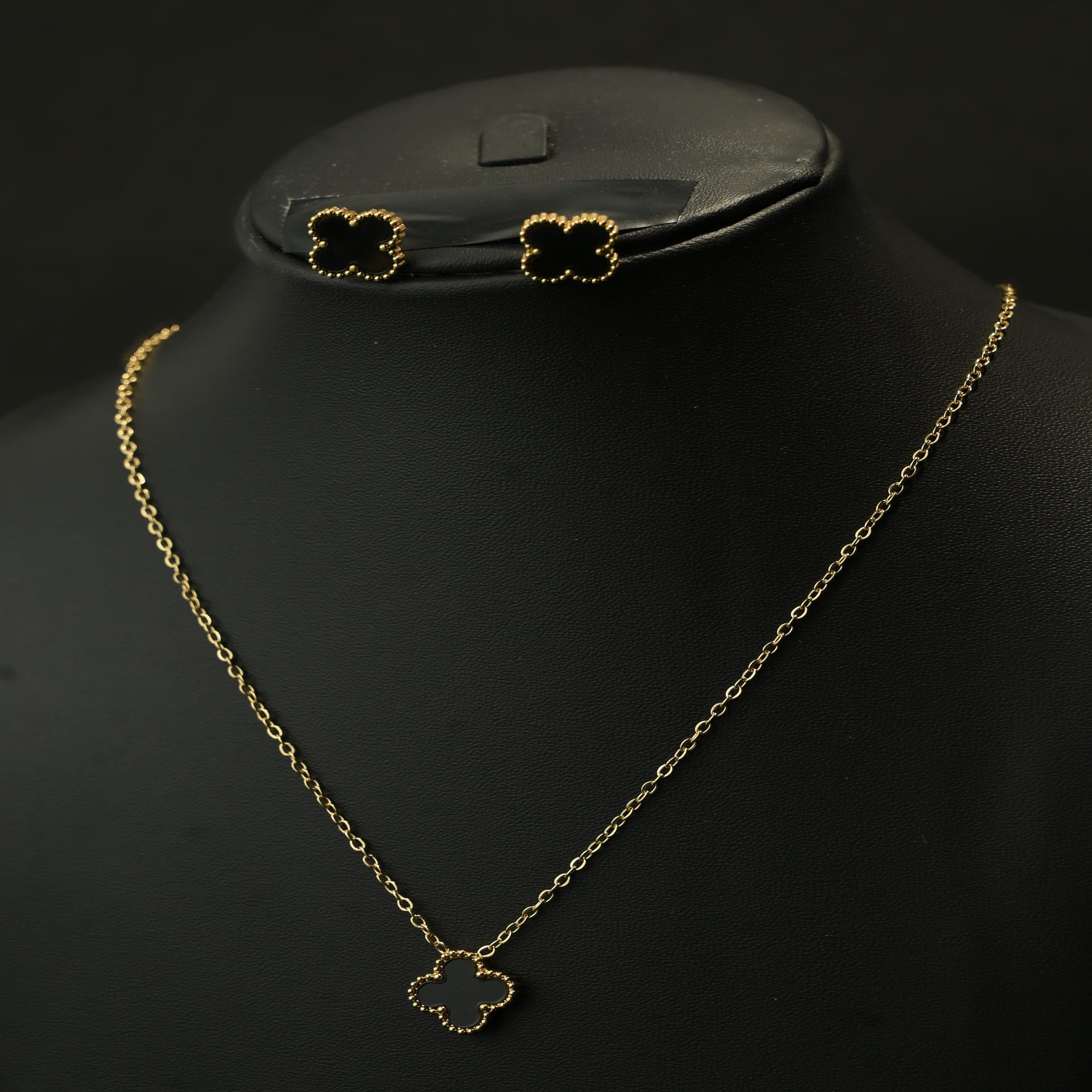 Gold Tone Classic Clover Charm Jewelry Set with Jet Black Motifs for Women - Matte Finish