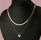 Gold Tone Classic Layered Snake Chain Necklace with Heart Charm for Women - Glossy Finish