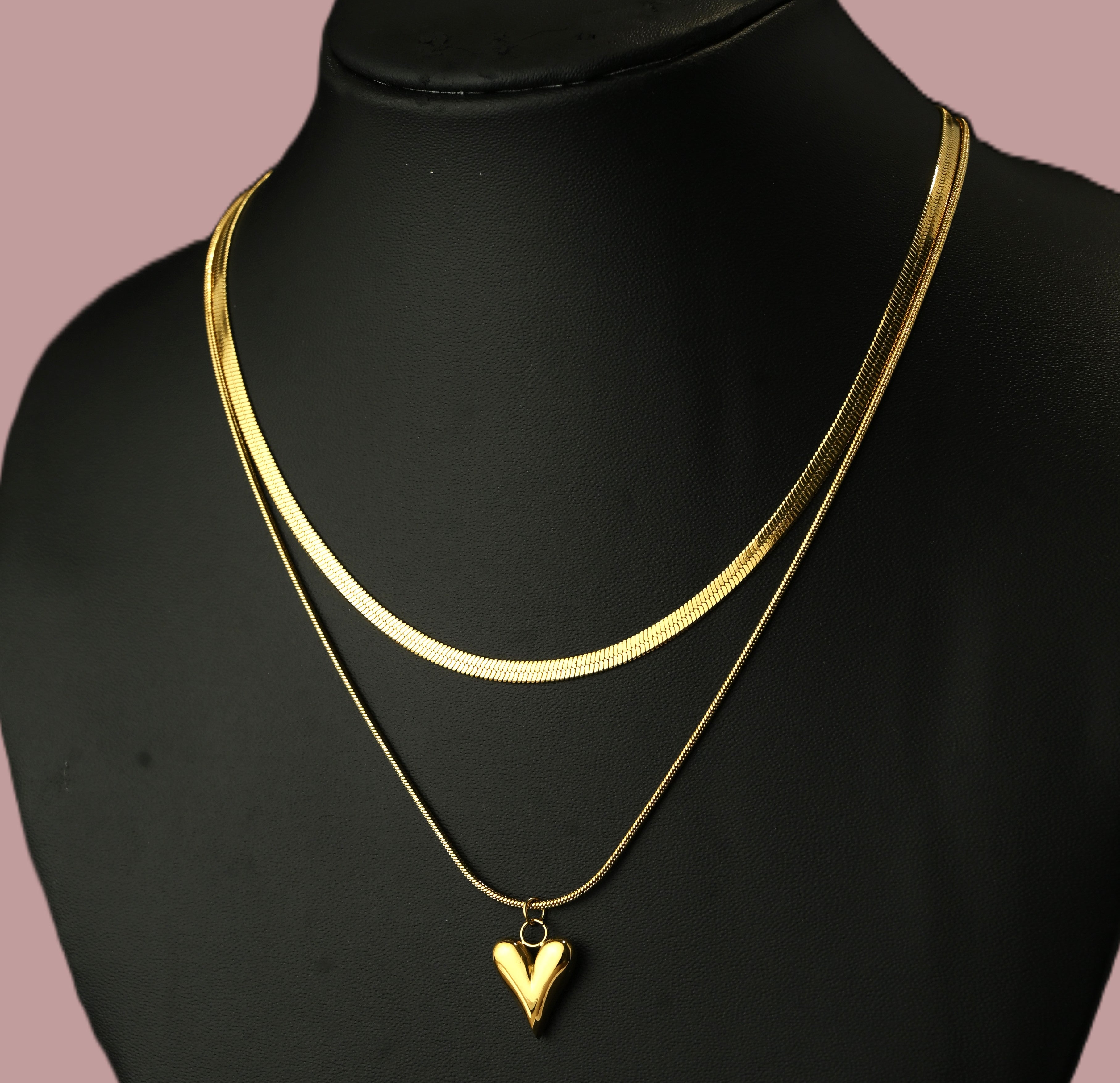Gold Tone Classic Layered Snake Chain Necklace with Heart Charm for Women - Glossy Finish