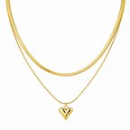 Gold Tone Classic Layered Snake Chain Necklace with Heart Charm for Women - Glossy Finish