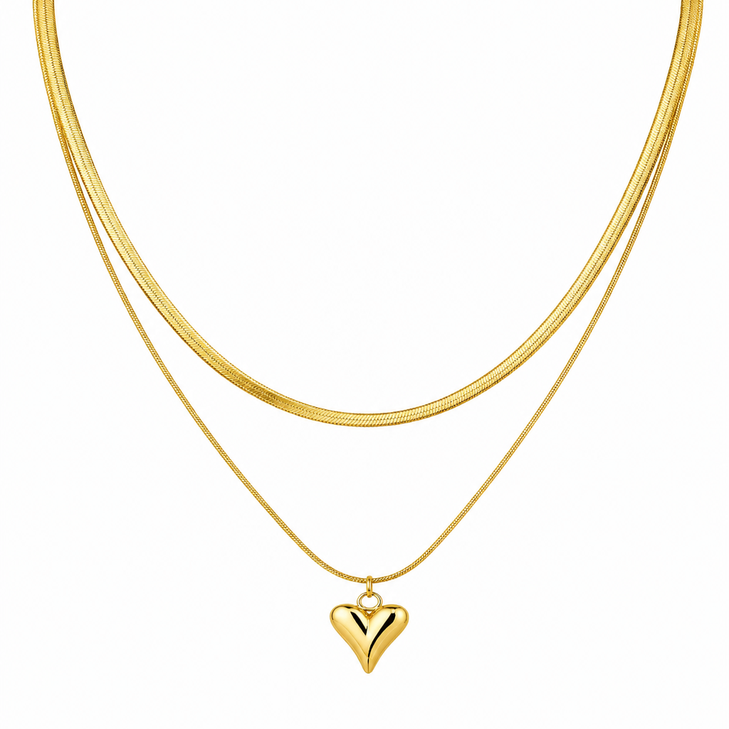 Gold Tone Classic Layered Snake Chain Necklace with Heart Charm for Women - Glossy Finish